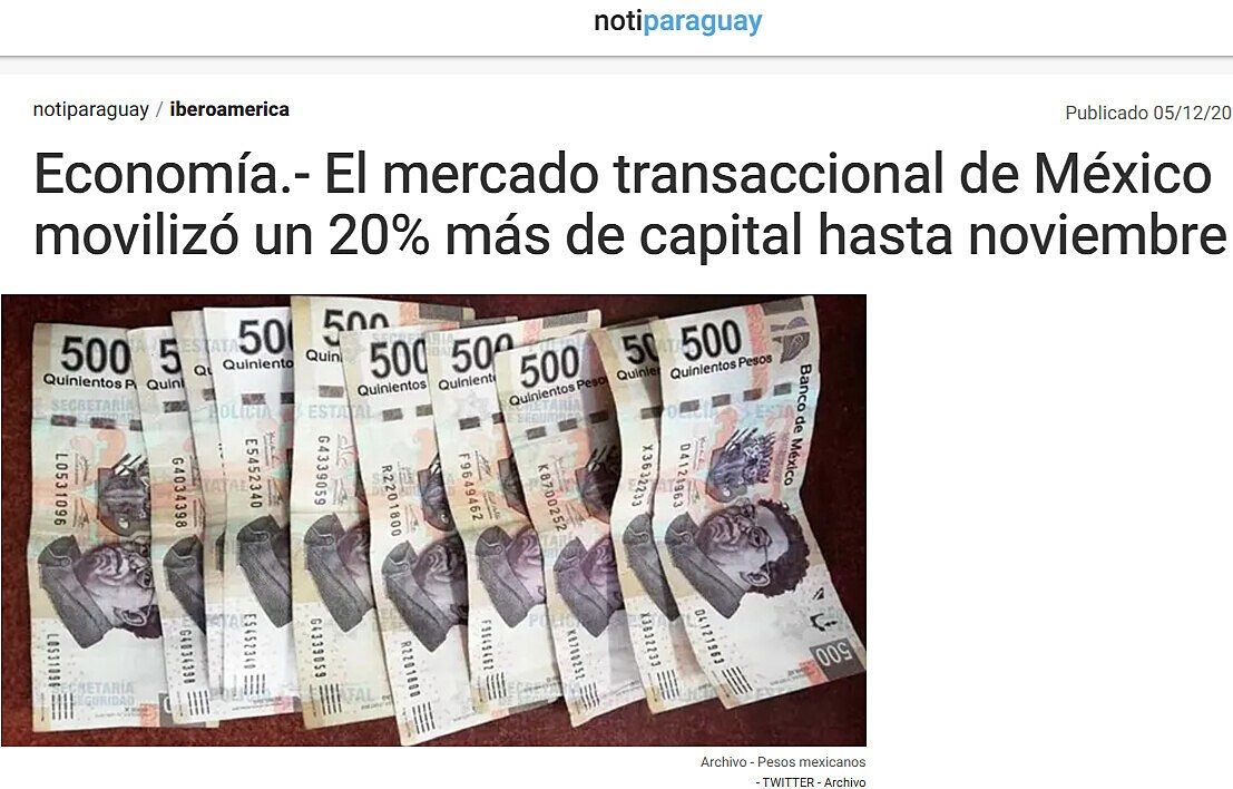 Economa.- El mercado transaccional de Mxico moviliz un 20% ms de capital hasta noviembre